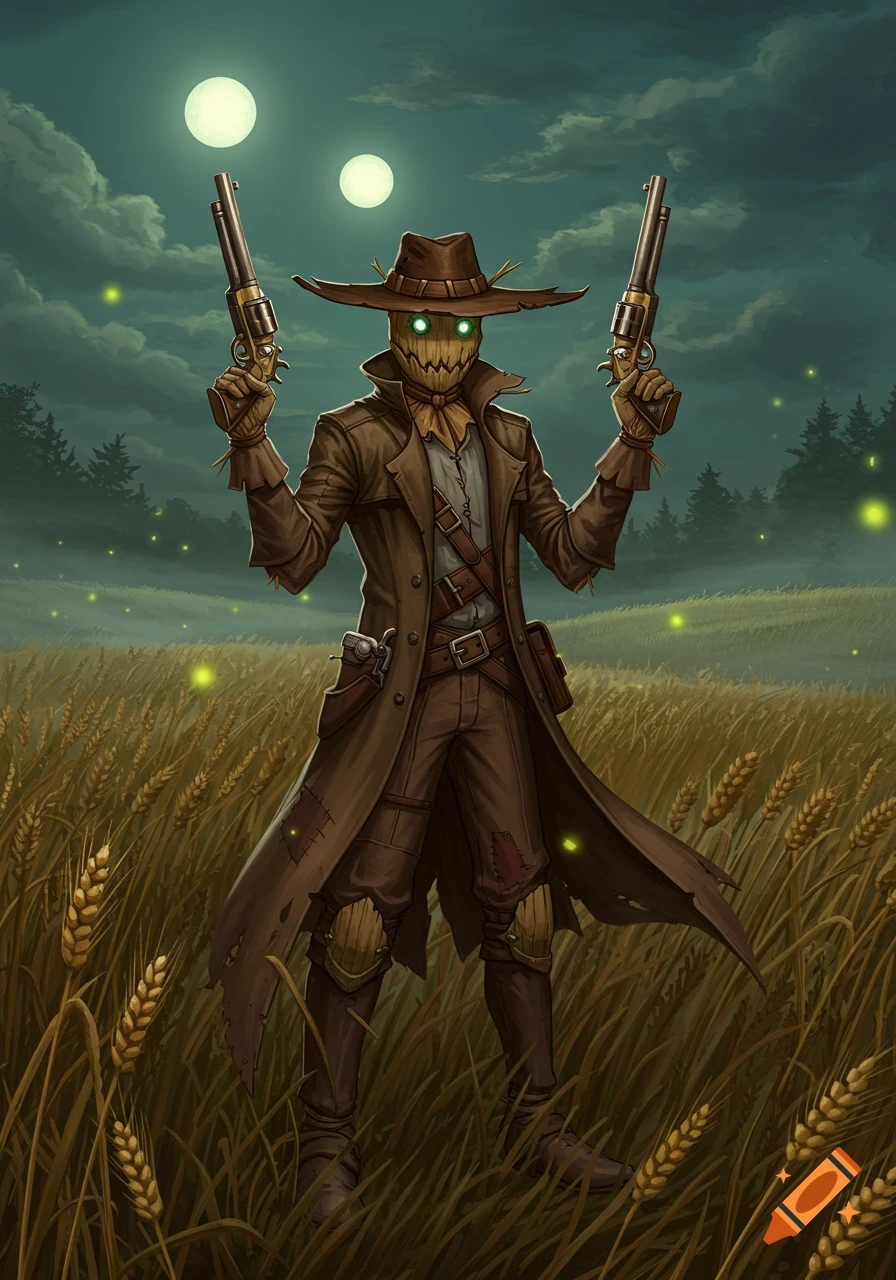 A fantasy illustration of a scarecrow gunslinger with glowing eyes, holding two revolvers in a moonlit wheat field with fireflies.