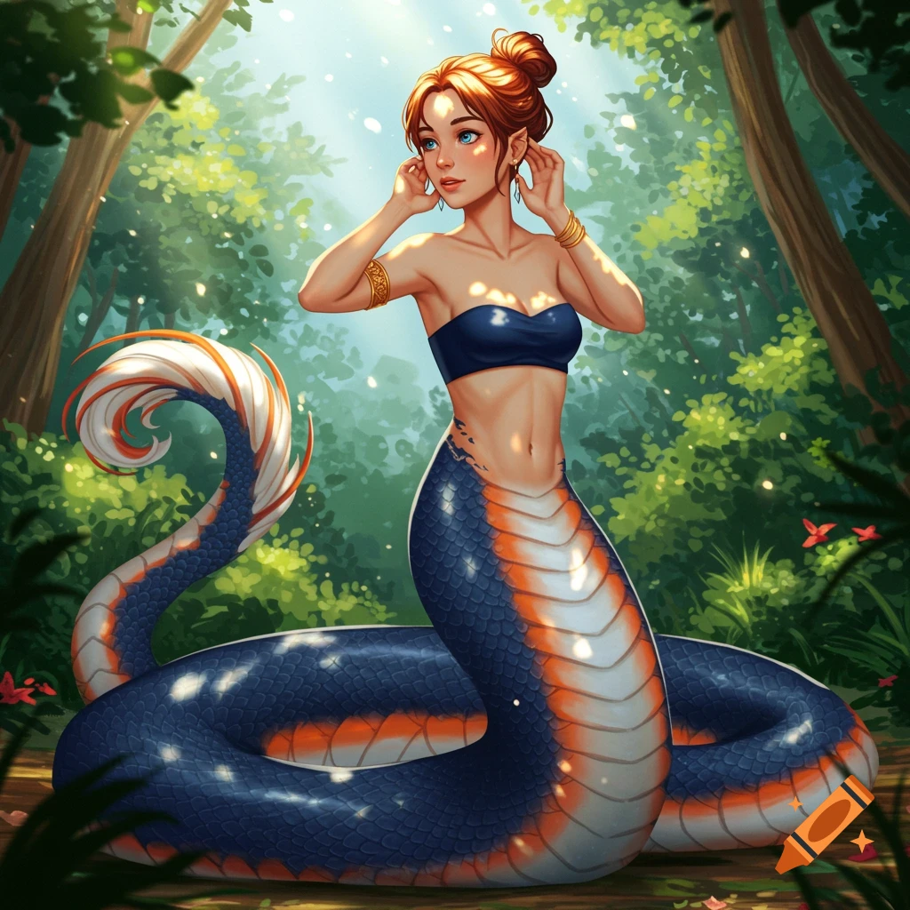 A beautiful red-haired naga with a navy blue and orange snake tail, putting on earrings in a sun-dappled forest.