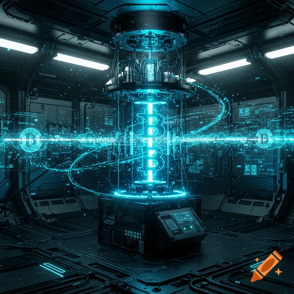 A futuristic quantum computer with a glowing blue Bitcoin symbol at its core, surrounded by data streams in a dark, high-tech lab.