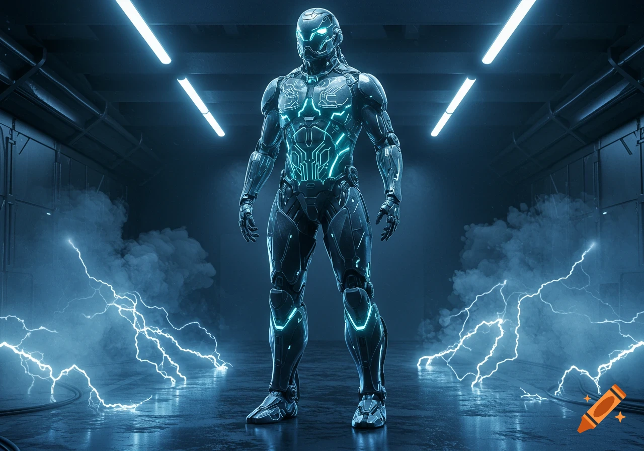 A full-body view of a glowing blue futuristic armored warrior in a dark, smoky room with electric blue lightning bolts on the floor.