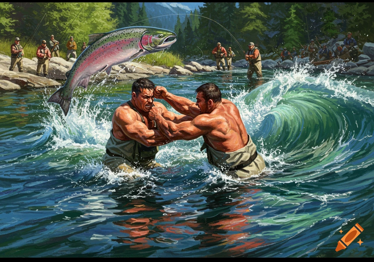 Two muscular men fight in a river while a salmon jumps, and other fishermen are in the background. Painterly style.