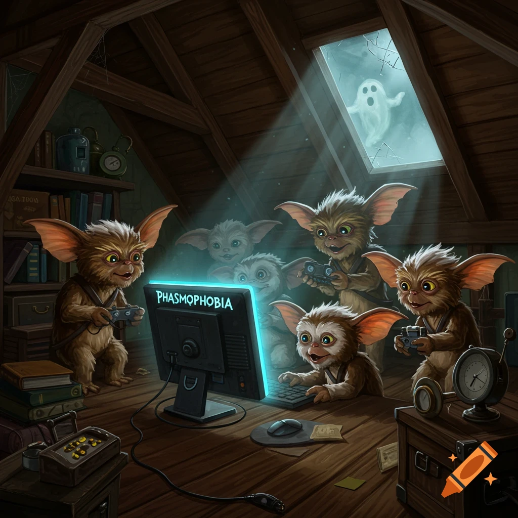 Digital illustration of cute gremlin-like creatures playing the video game 'Phasmophobia' in a spooky attic with a ghost outside.