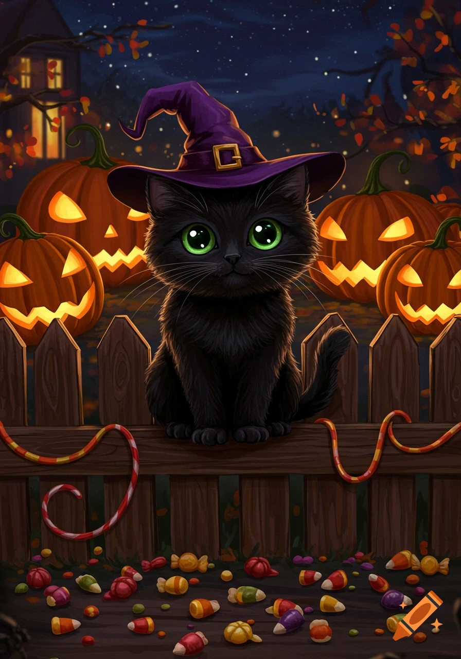Cute black cat in a witch hat sits on a fence, surrounded by glowing jack-o'-lanterns and candy under a starry night sky, illustration.