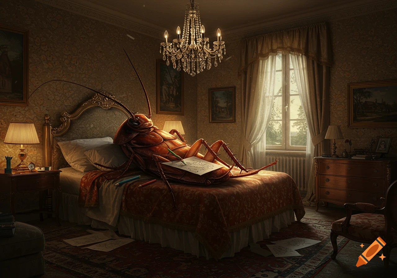 A giant, photorealistic cockroach with long antennae reclines on a lavish bed in an ornate bedroom, drawing on paper with crayons.