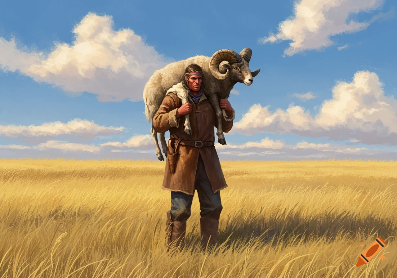 A strong pioneer man carries a large ram on his shoulders across a golden grassy field under a blue sky with clouds. Digital painting.