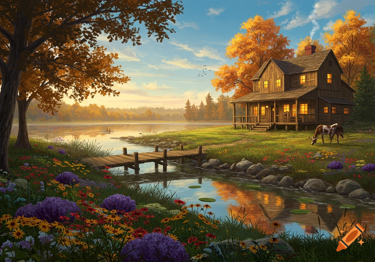 A rustic wooden cabin by a serene lake in autumn, surrounded by vibrant fall foliage and wildflowers, with a horse grazing.