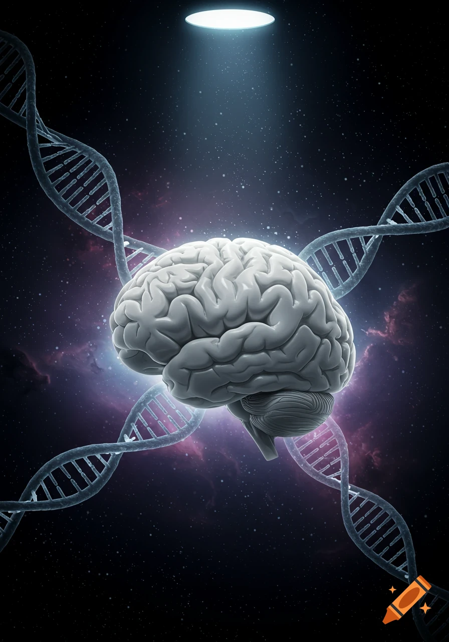 A detailed human brain surrounded by glowing DNA strands in a dark cosmic setting with nebulae and stars.