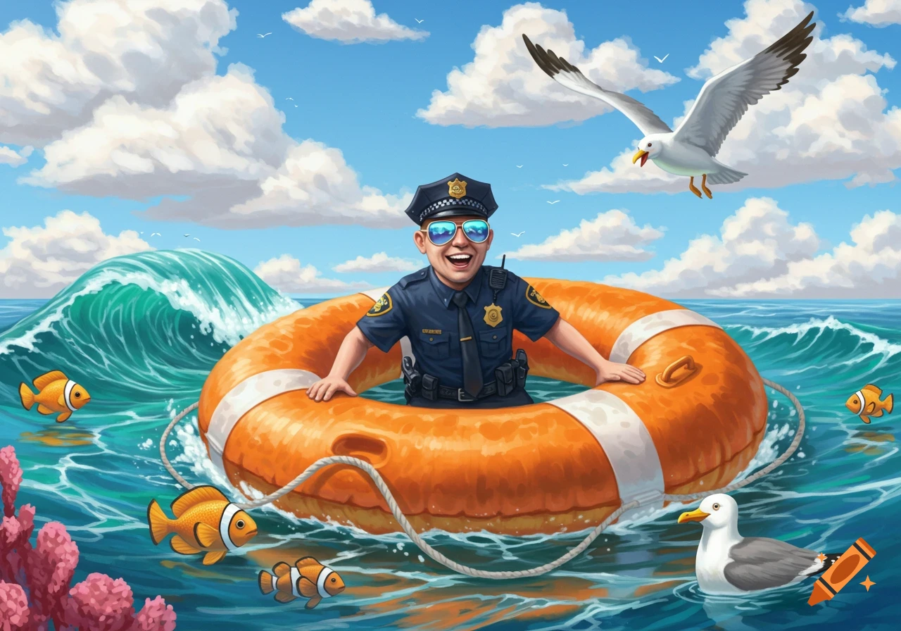 A cartoon police officer in sunglasses, smiling in an orange life preserver, floating in a vibrant ocean with clownfish, a seagull, and a large wave.