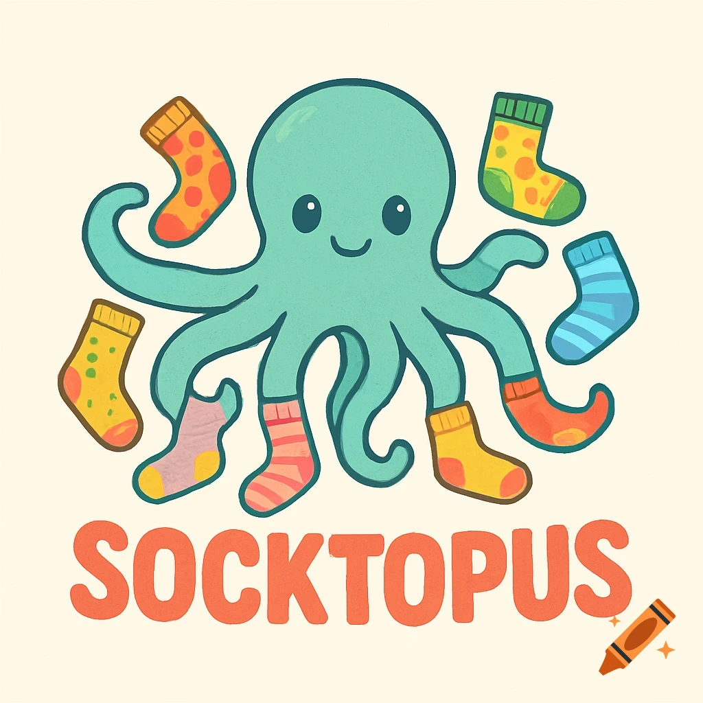 Cartoon teal octopus wearing colorful socks with patterned socks floating around, and the word 'SOCKTOPUS' below it.