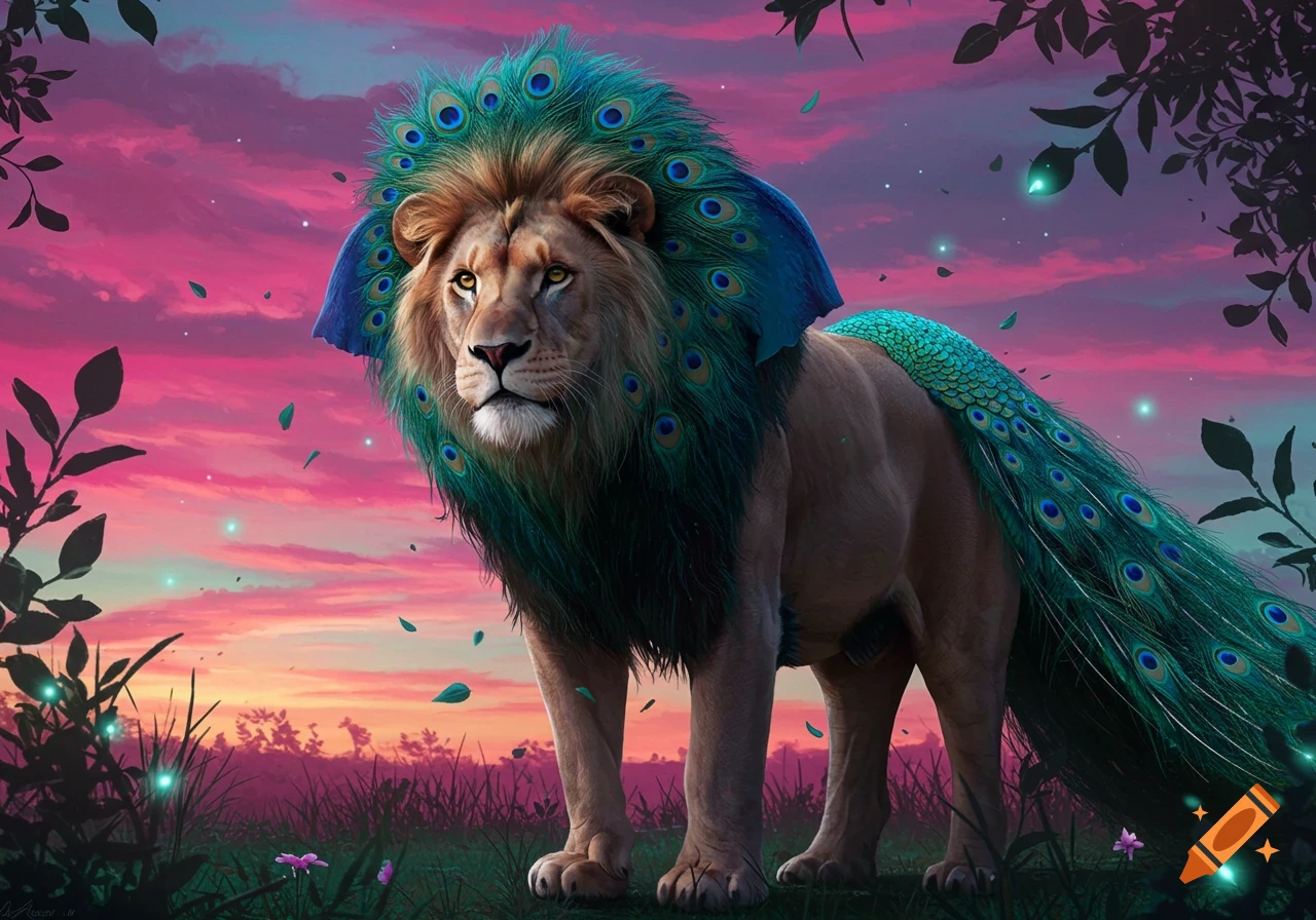 A majestic lion with a peacock-feathered mane and tail stands in a grassy field against a vibrant pink and purple sunset sky.