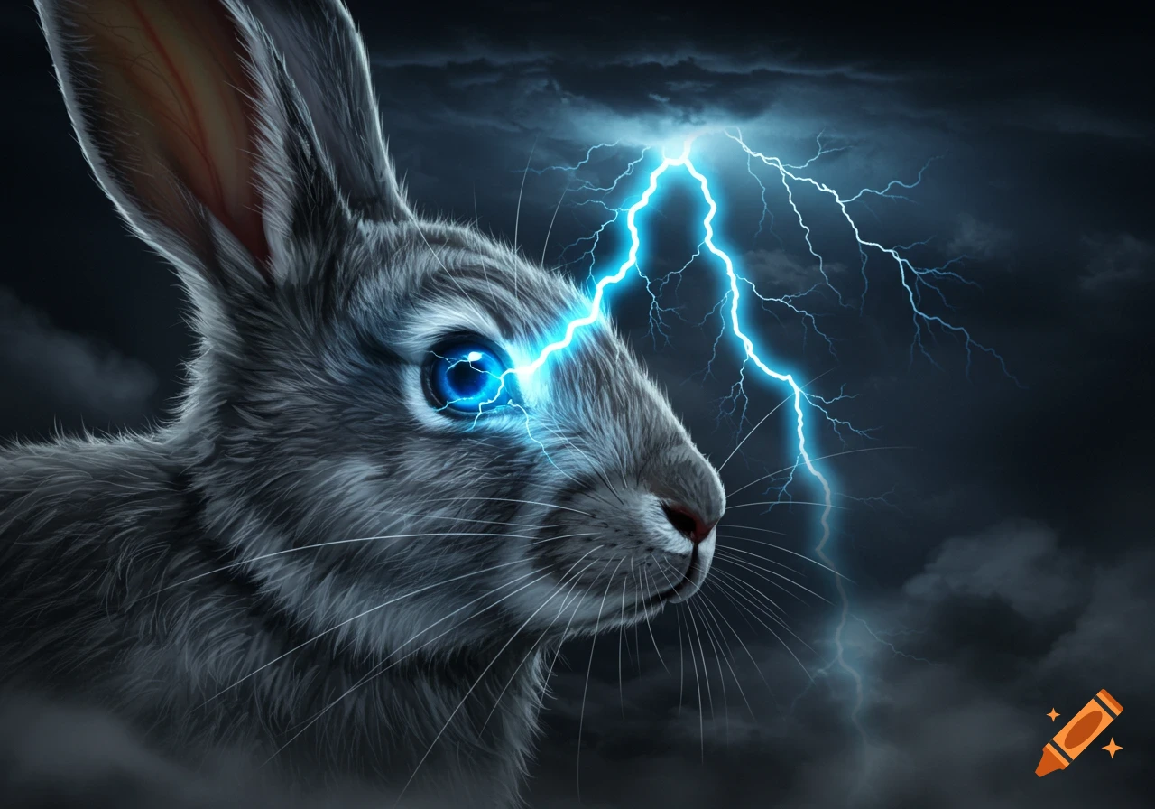 A close-up of a gray rabbit with piercing blue glowing eyes, with blue lightning striking its head and trailing into a dark, stormy sky.