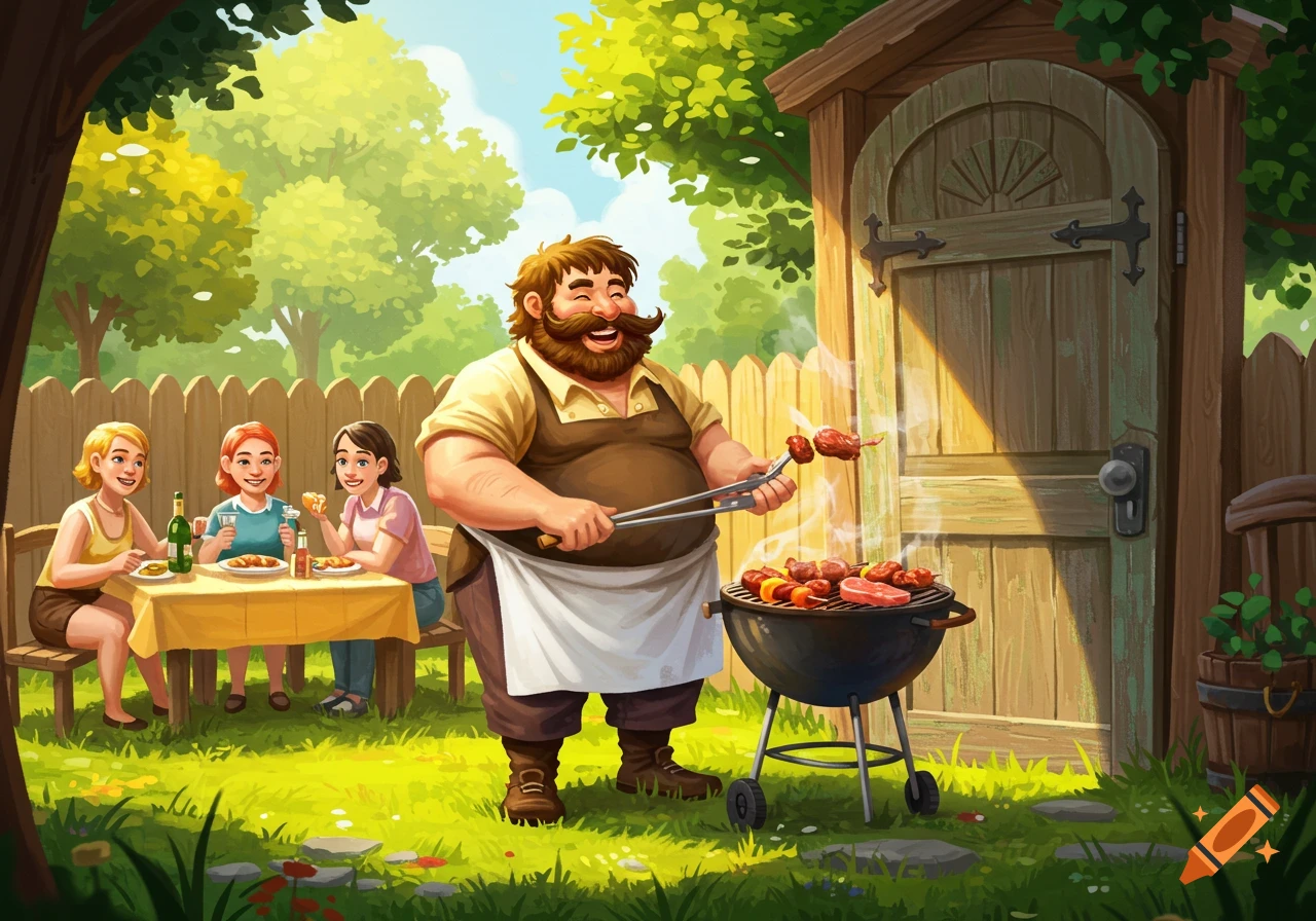 A cartoon illustration of a happy man barbecuing in a sunny backyard while three women sit and eat at a table.