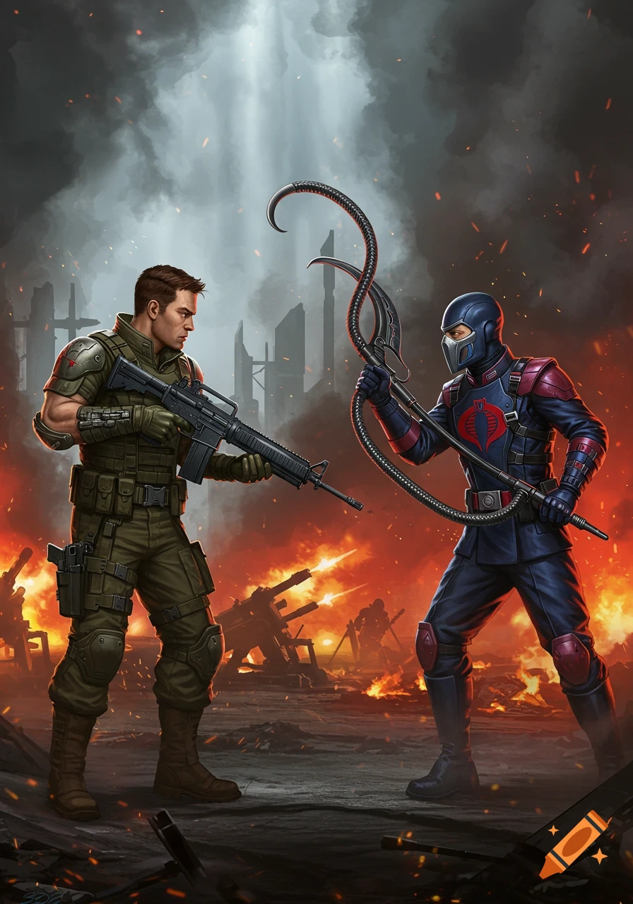 A G.I. Joe soldier with a rifle faces off against a Cobra villain with a whip-like weapon, in a detailed comic art style against a destroyed, fiery city background.