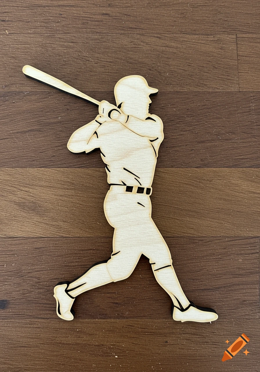 A light wooden cutout silhouette of a baseball player in mid-swing with a bat, against a dark wooden background.