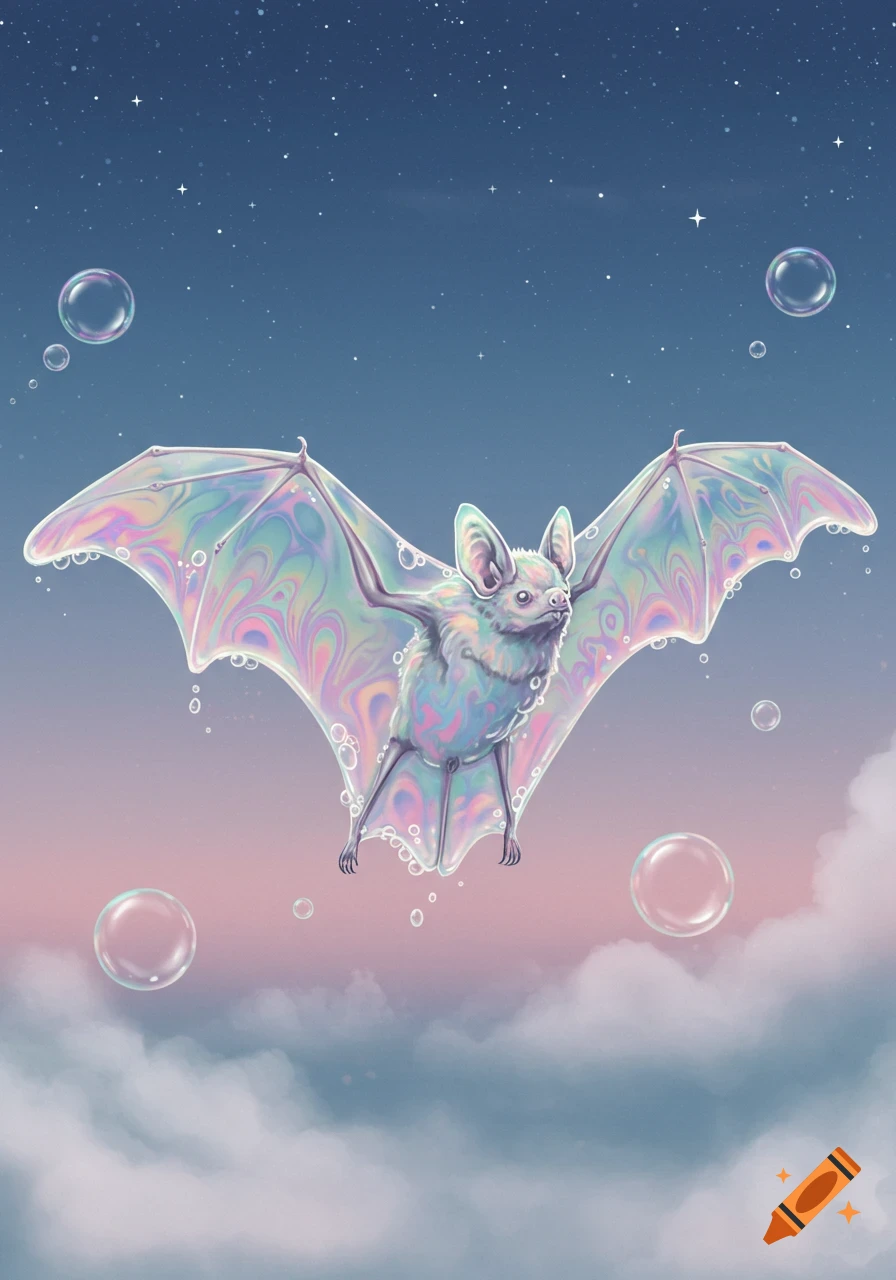 A colorful, iridescent bat with soap bubble wings floats in a dreamy sky filled with clouds and bubbles.