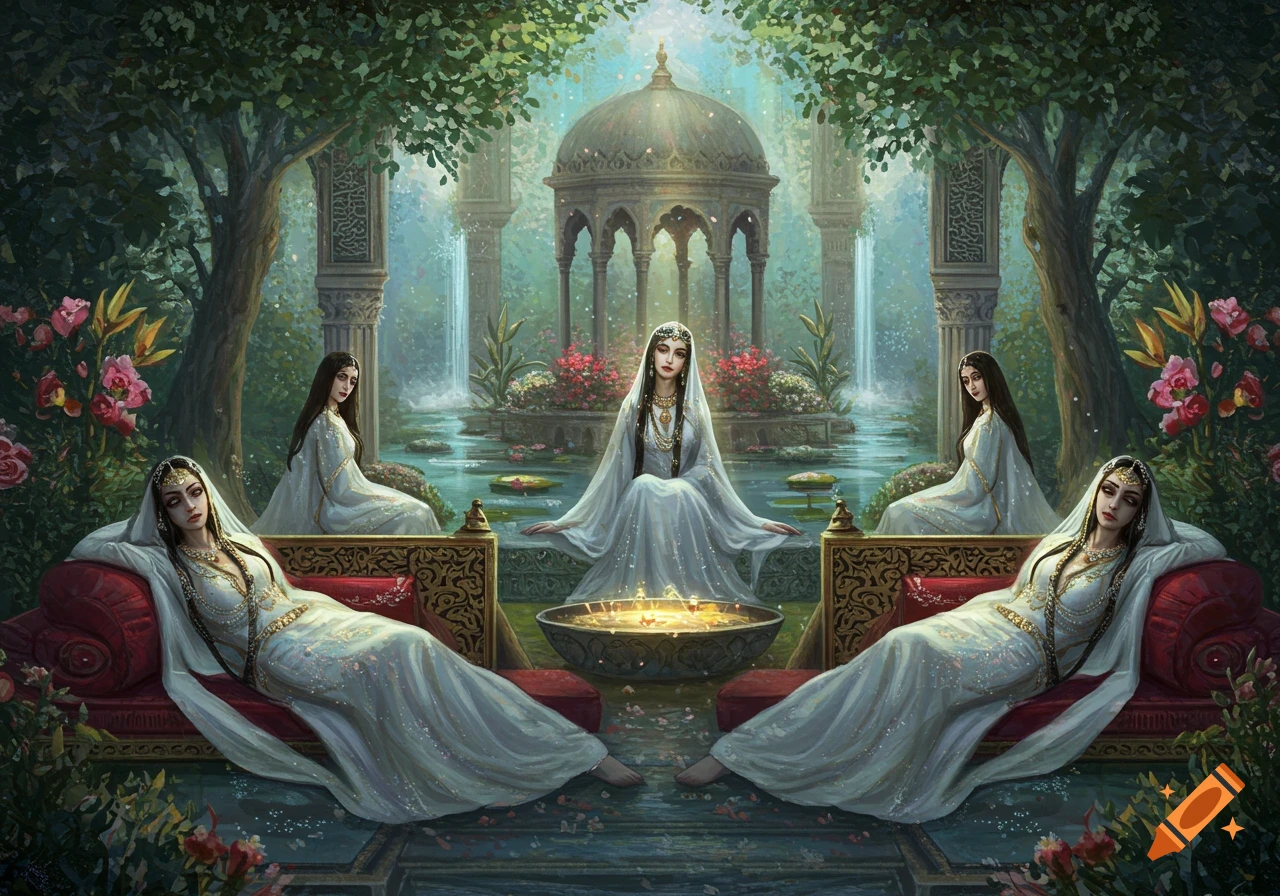 Five women in flowing white garments recline and sit in a lush, ethereal garden with a domed pavilion, waterfalls, and a glowing basin. Stylized digital painting.