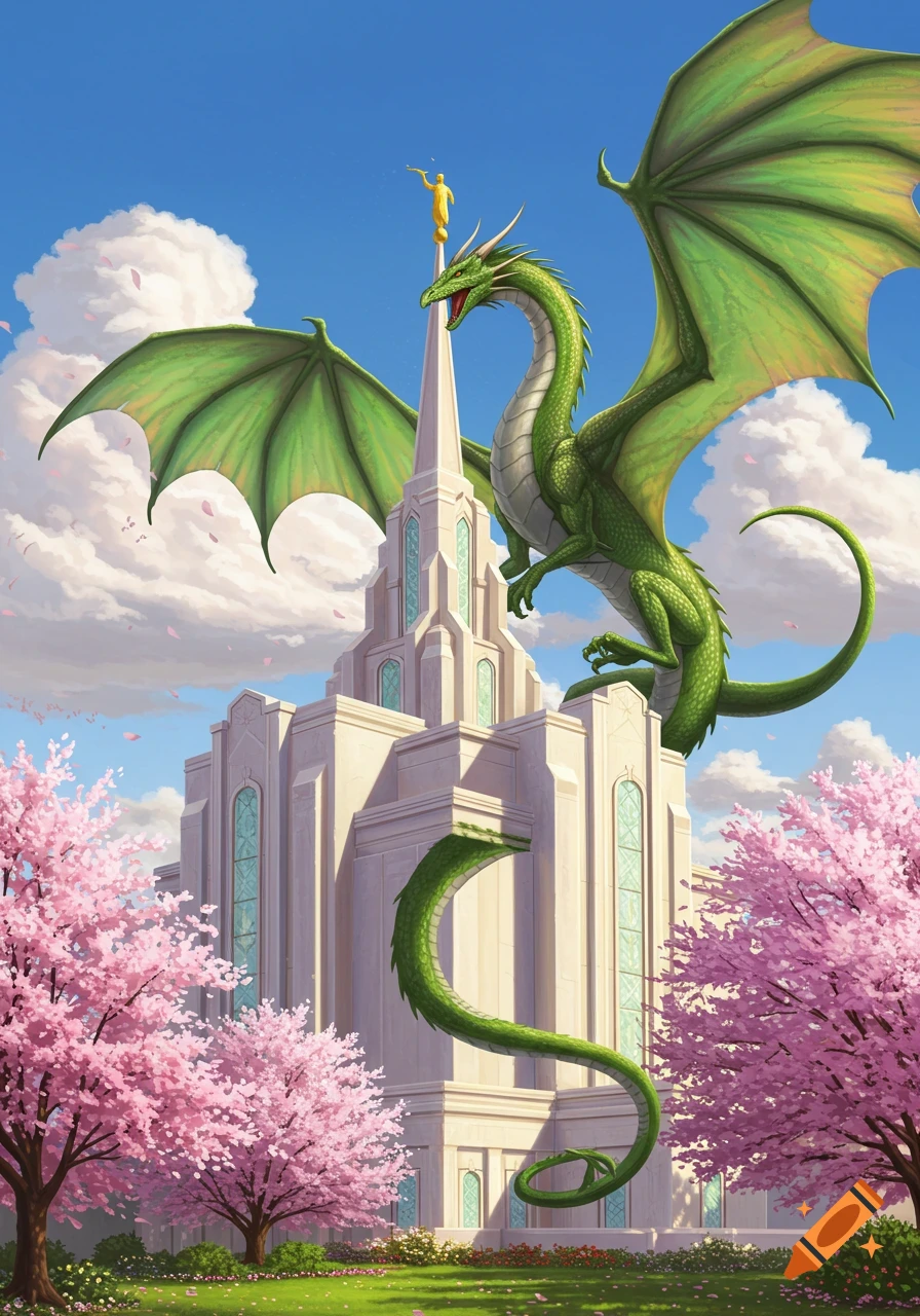 A vibrant green dragon perches atop a white LDS temple, surrounded by pink cherry blossom trees under a bright blue sky.