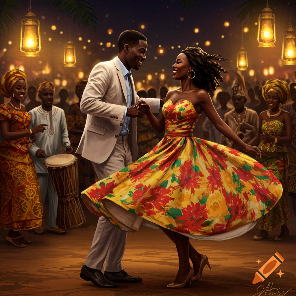 An African couple dances joyfully at a vibrant night celebration, under lanterns, surrounded by a festive crowd.