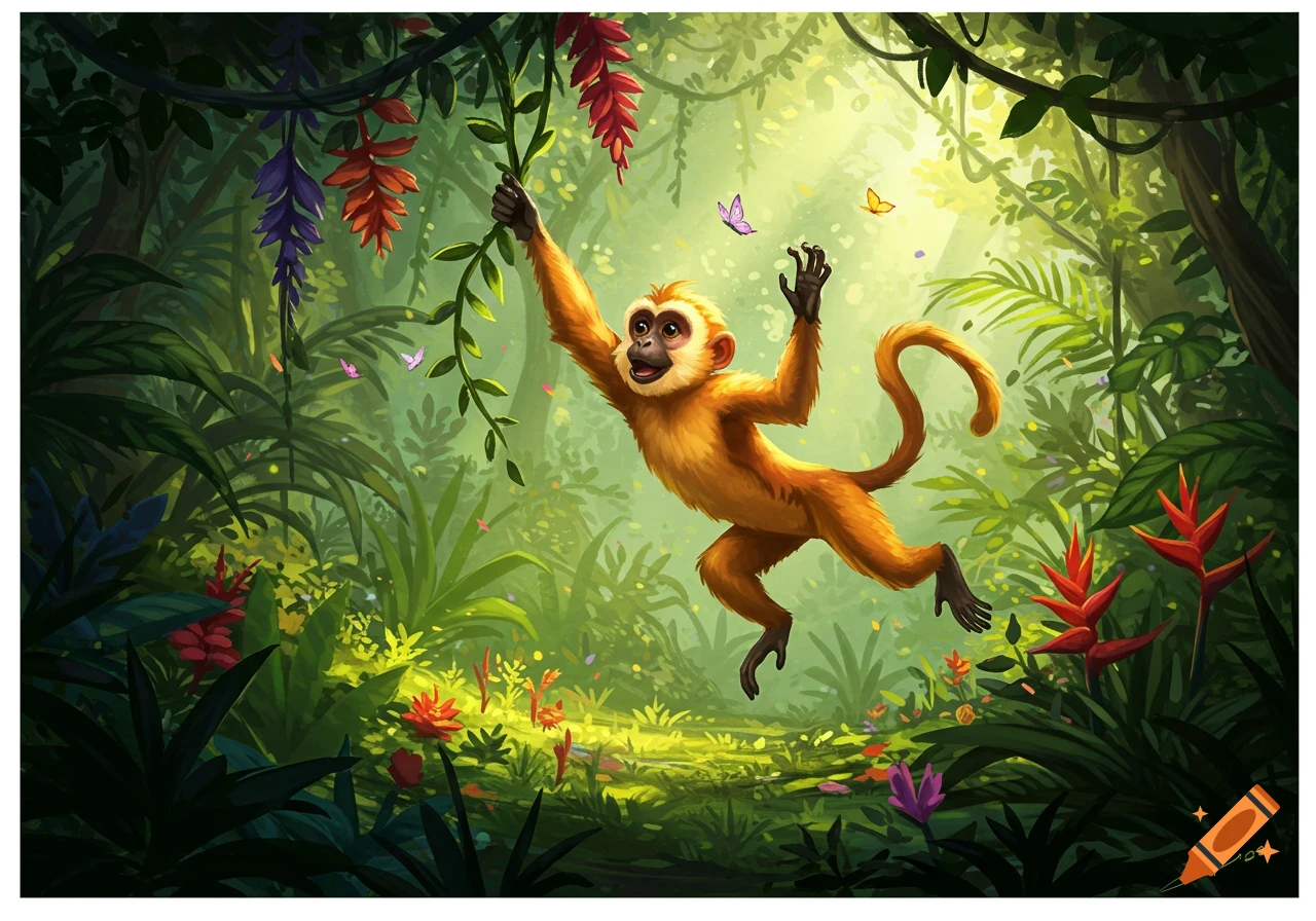 A golden monkey with dark hands swings on a vine in a vibrant, sunlit jungle, surrounded by lush green foliage, colorful flowers, and butterflies.