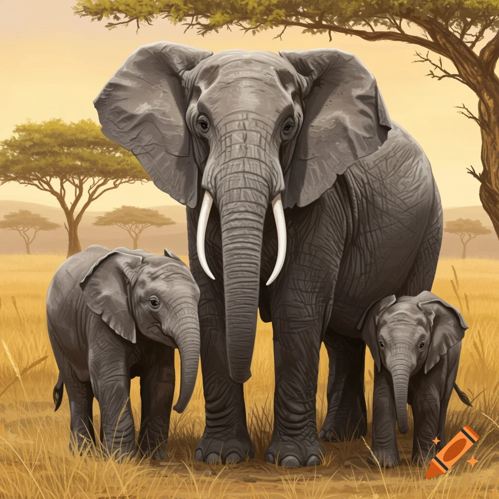 An adult elephant stands with two baby elephants in a dry, grassy savanna with acacia trees under a warm sky.