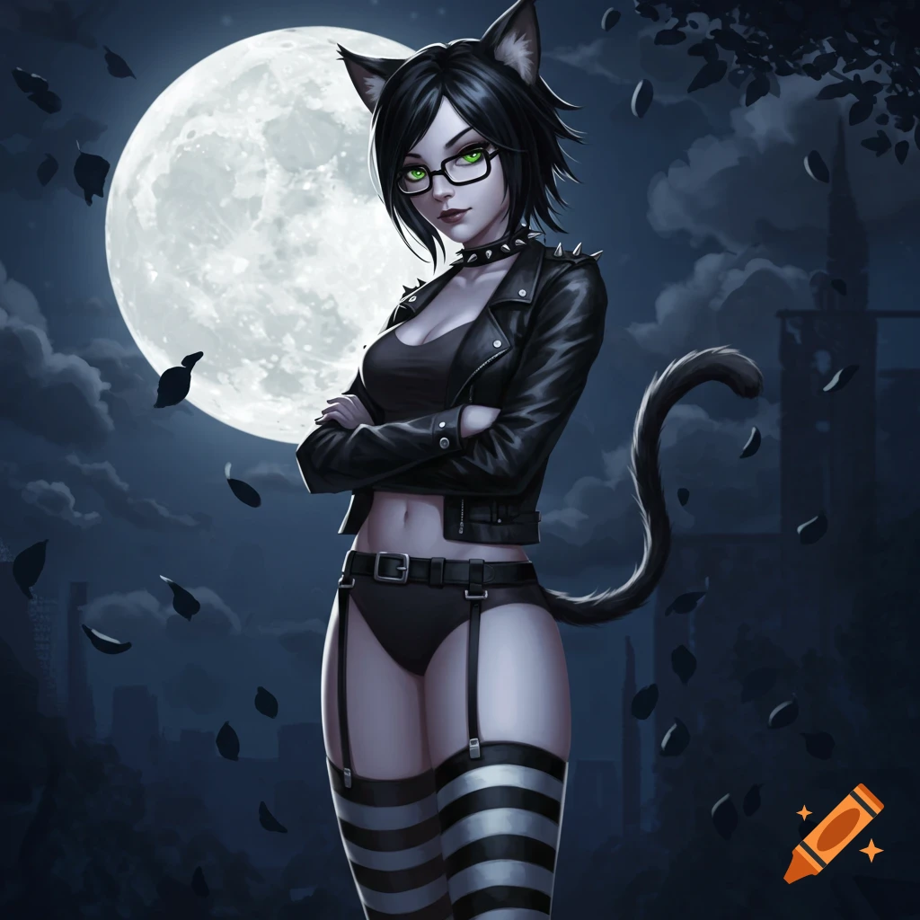 A stylized cat girl with short black hair, green eyes, glasses, and a punk outfit (leather jacket, crop top, garters, striped thigh-highs, cat ears, and tail) stands in front of a large full moon at night, with dark foliage and buildings in the background.