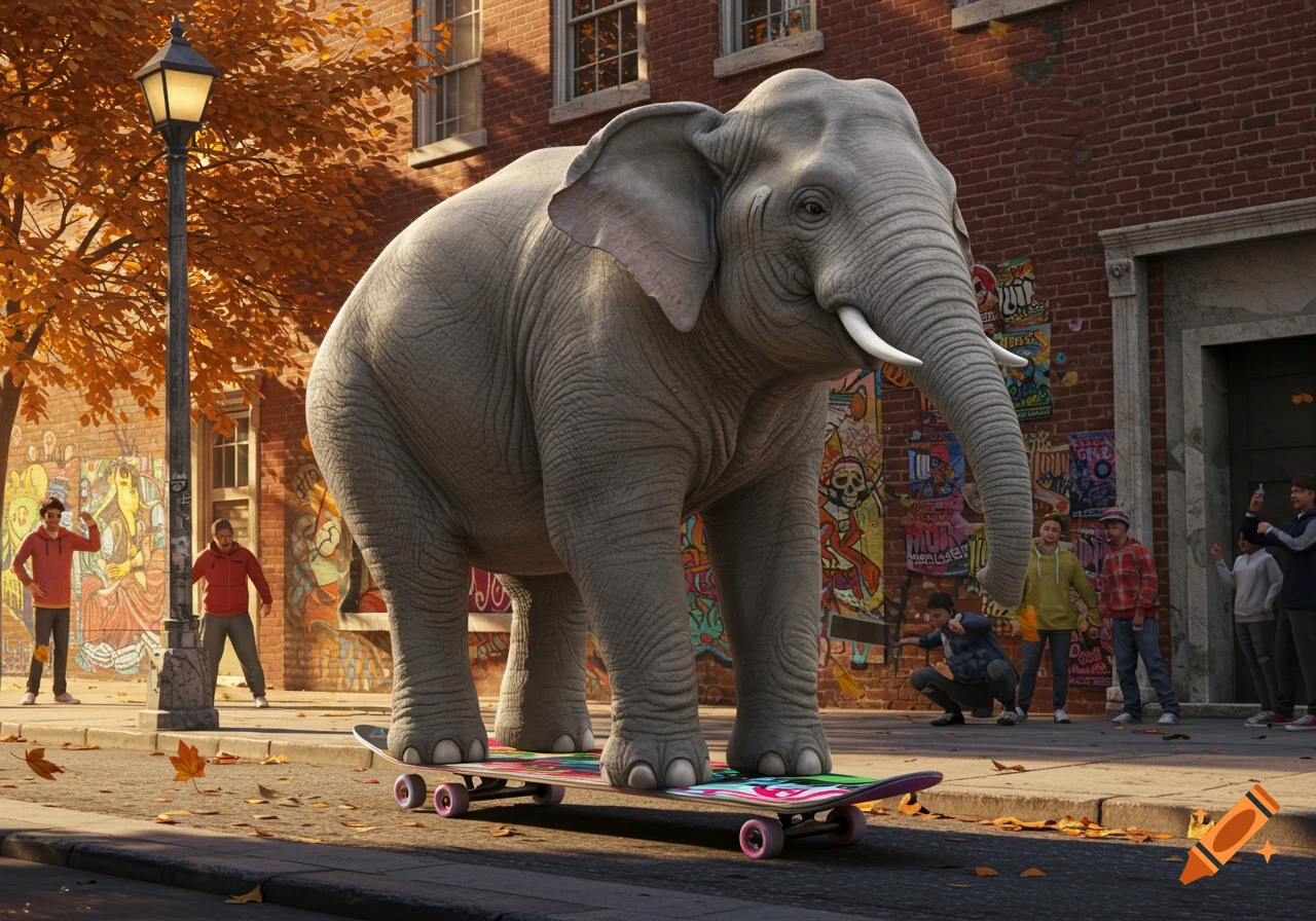A large photorealistic elephant stands on a skateboard on a city street with people, graffiti, and autumn leaves.