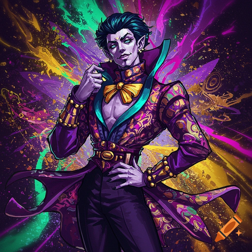 Anime-style character with purple skin, pointy ears, wearing a flamboyant purple and gold patterned coat with a yellow bow tie, against a vibrant abstract background.