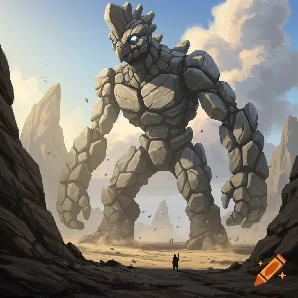 A colossal rock monster with glowing blue eyes, resembling a cassowary, towers over a small figure in a vast desert landscape.