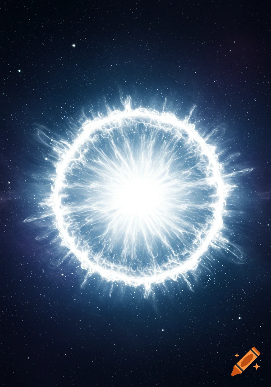A brilliant white and blue circular energy burst in deep space against a dark, star-filled background.