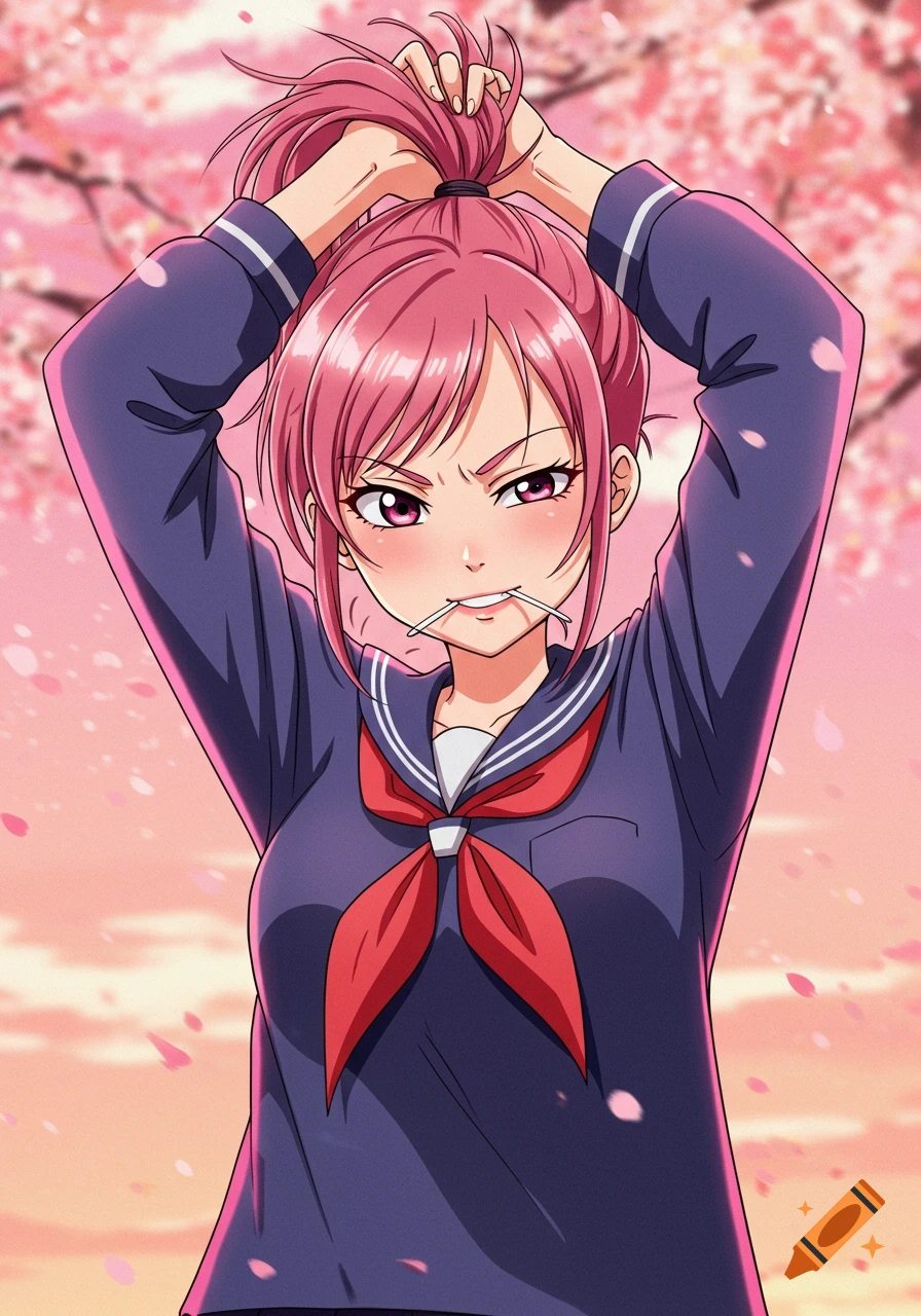 An anime girl with pink hair pulling it into a ponytail, holding a hair tie in her mouth, wearing a school uniform, against a cherry blossom background.