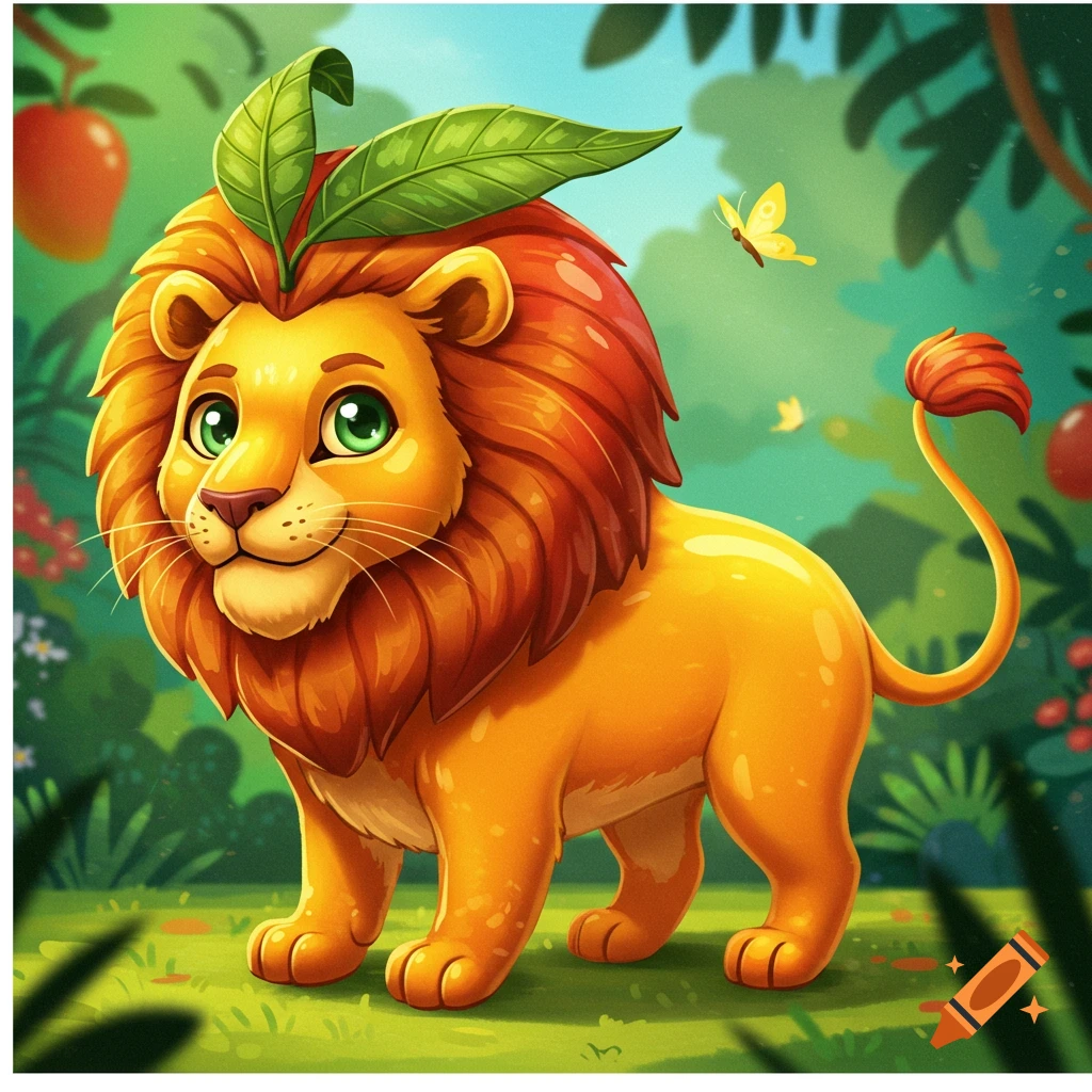 A cute, golden cartoon lion with green eyes and leaves on its head stands in a vibrant jungle with butterflies.