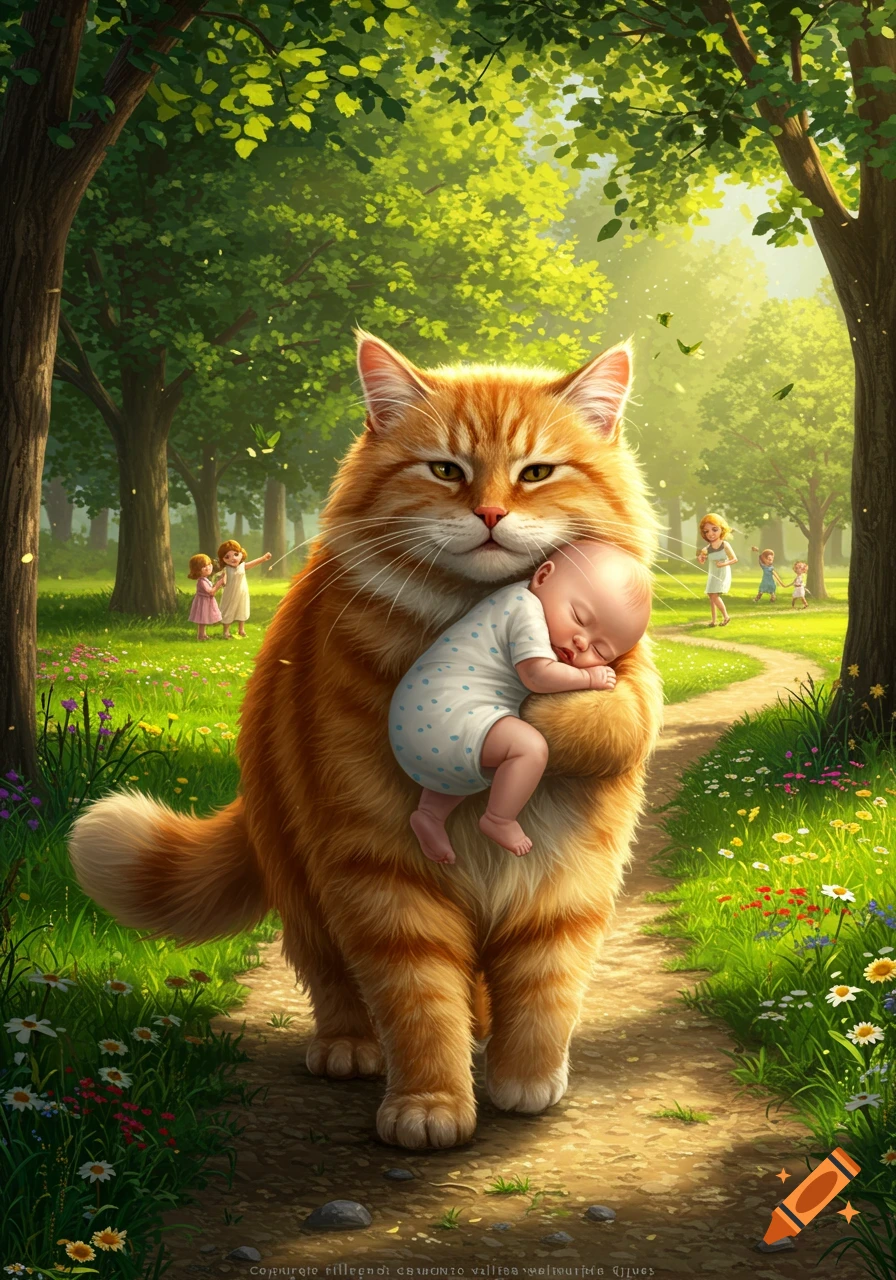 A giant fluffy orange cat gently carries a sleeping baby through a sunlit park with other children playing in the background.