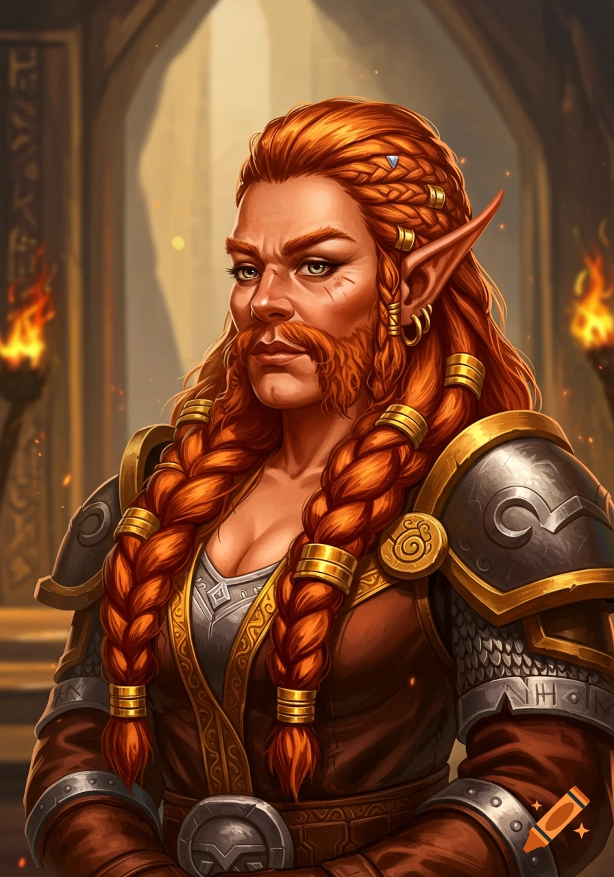 Digital painting of a regal, red-haired dwarven woman with braided hair, a beard, pointed ears, and ornate armor.