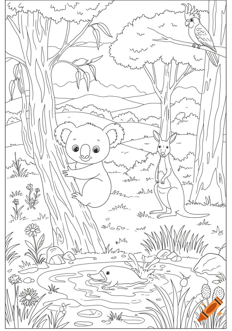 Line art coloring page of a koala, kangaroo, platypus, and cockatoo in the Australian bush.