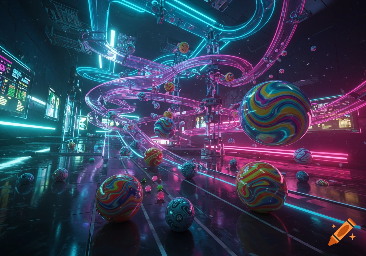 Futuristic neon marble race track with swirling colorful marbles on a dark, reflective surface, lit by vibrant pink and blue lights.