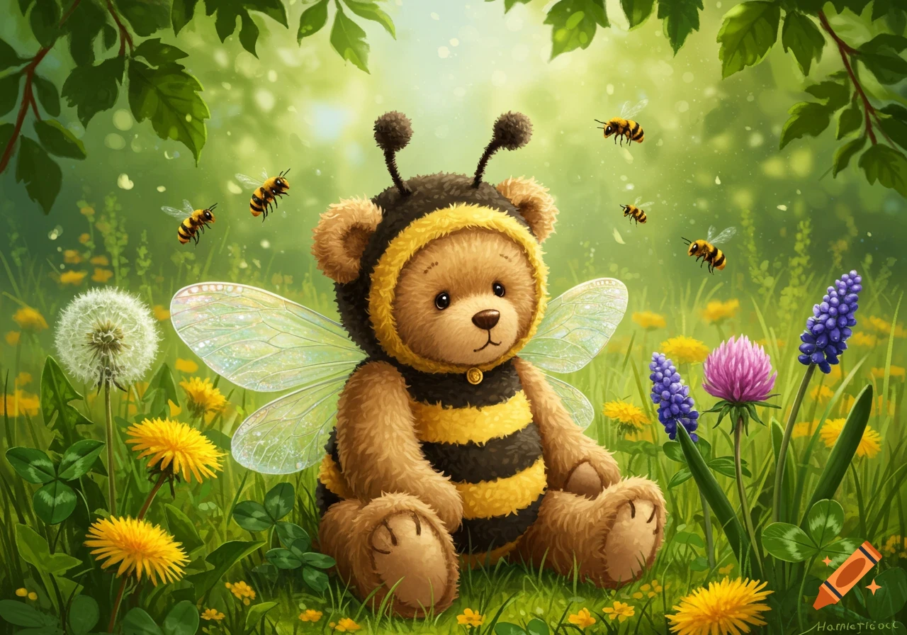A whimsical teddy bear in a bee costume sits in a lush green meadow filled with dandelions and other colorful flowers, surrounded by flying bees.