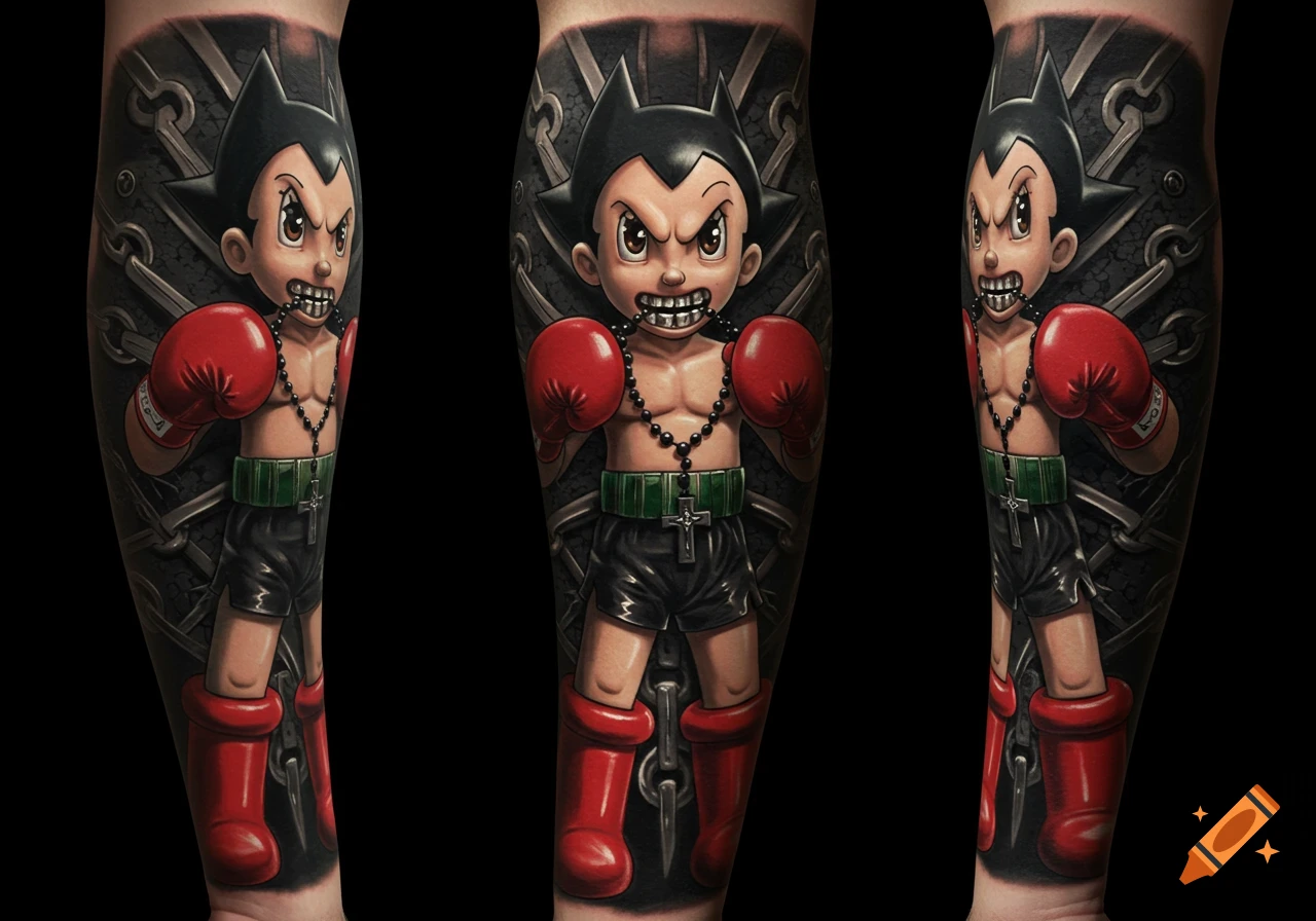 Photorealistic tattoo of Astro Boy as a boxer with red gloves and trunks, biting a rosary, against a dark chain-link background.