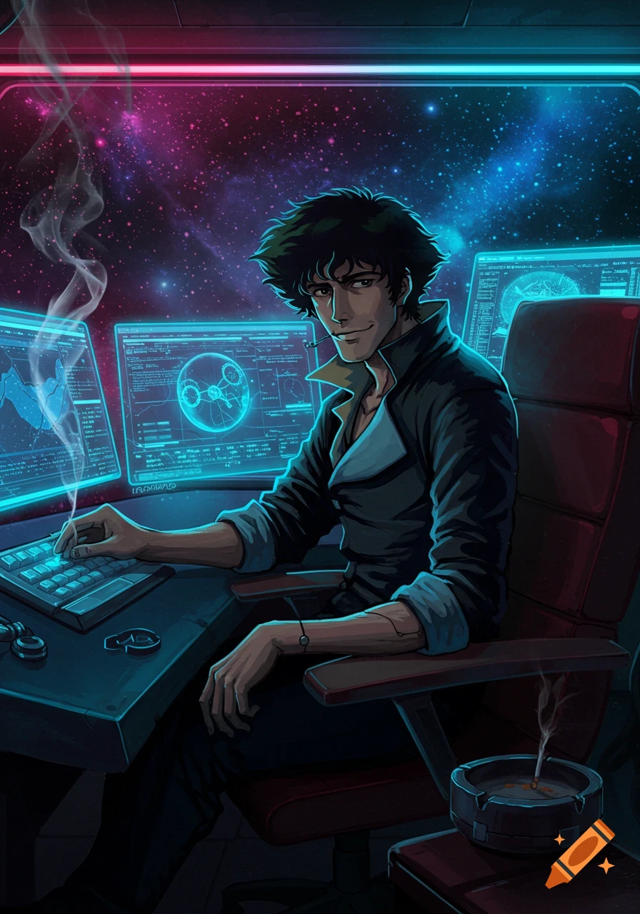 Spike Spiegel from Cowboy Bebop sitting at a computer in a futuristic, neon-lit room with a starry space background.