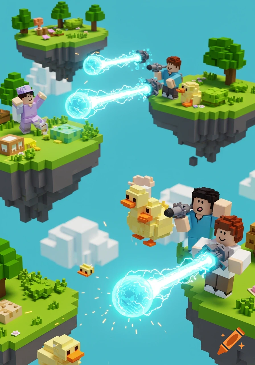 Blocky characters and ducks on floating islands shooting blue energy beams in a Roblox-style game.