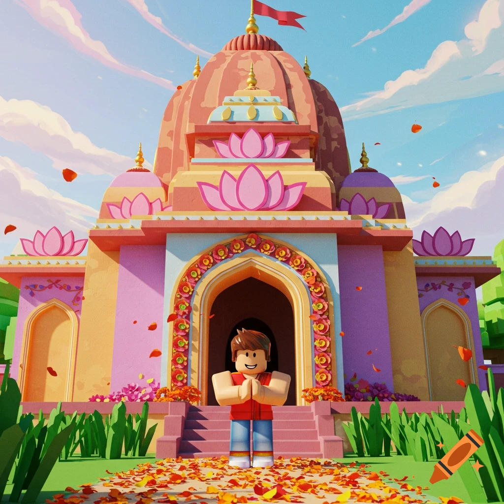 A cartoony Roblox character prays in front of a colorful, ornate South Asian temple with falling flower petals.
