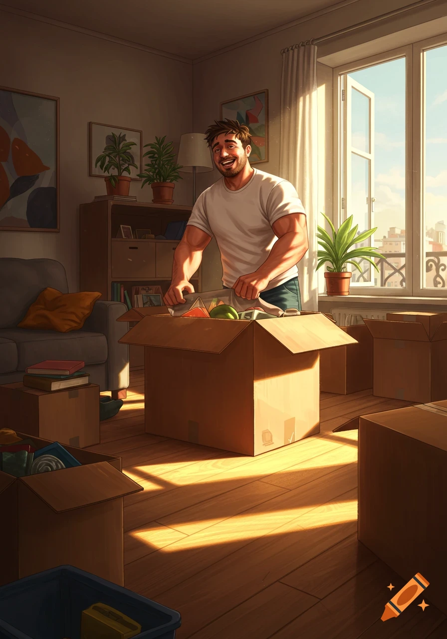 A smiling man packing items into cardboard boxes in a sunny apartment, with sunlight streaming through a window.