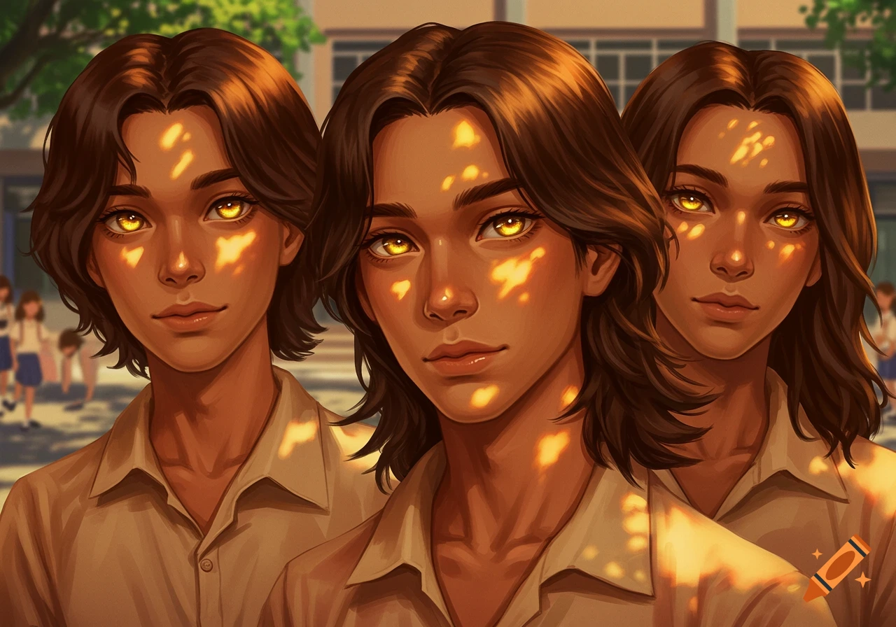 Three anime-style portraits of a person with brown wavy hair and golden eyes, bathed in dappled sunlight, against a blurry school background.