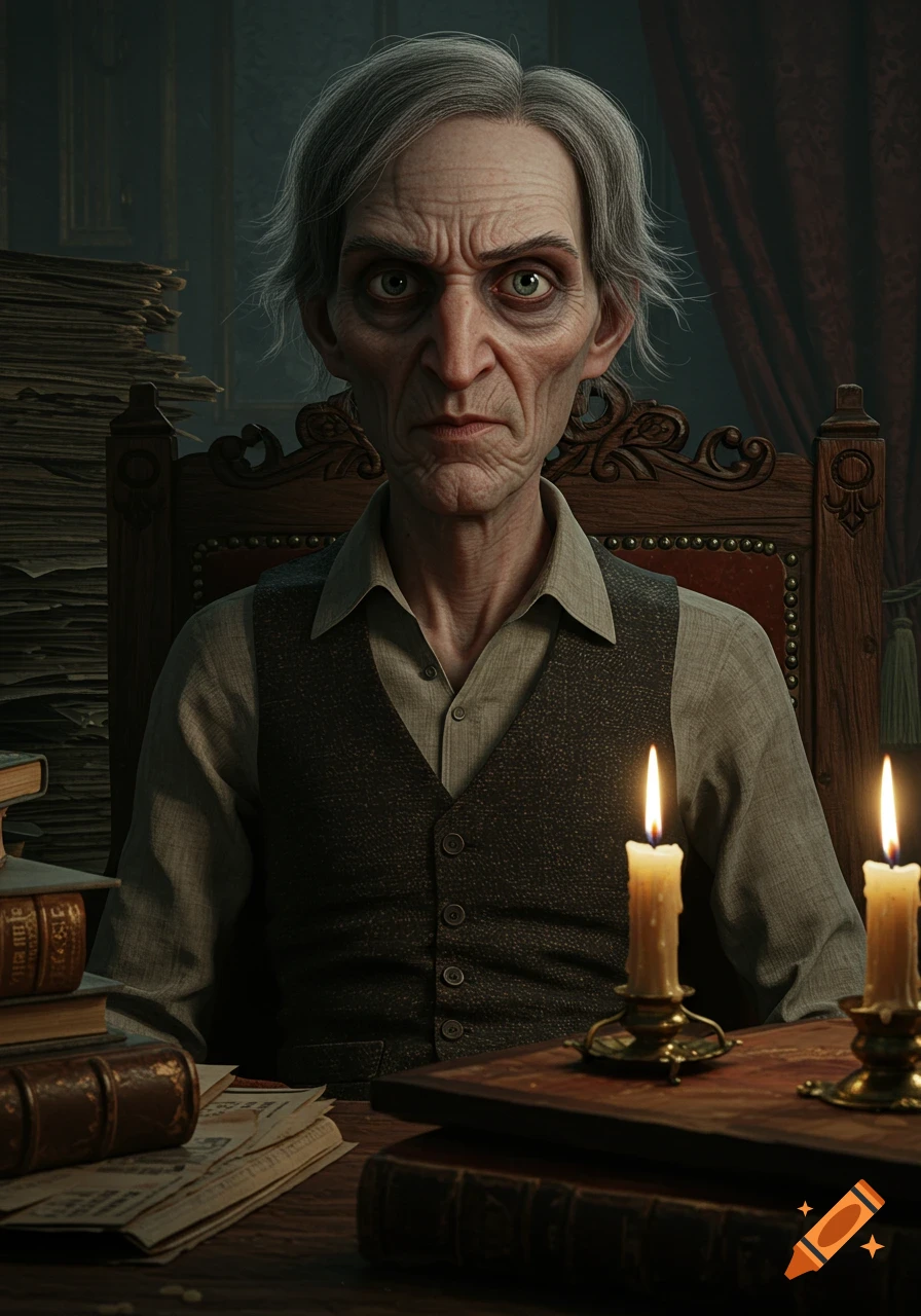 A stylized portrait of an old man with a gaunt face, grey hair, and green eyes, sitting at a desk with books and lit candles.