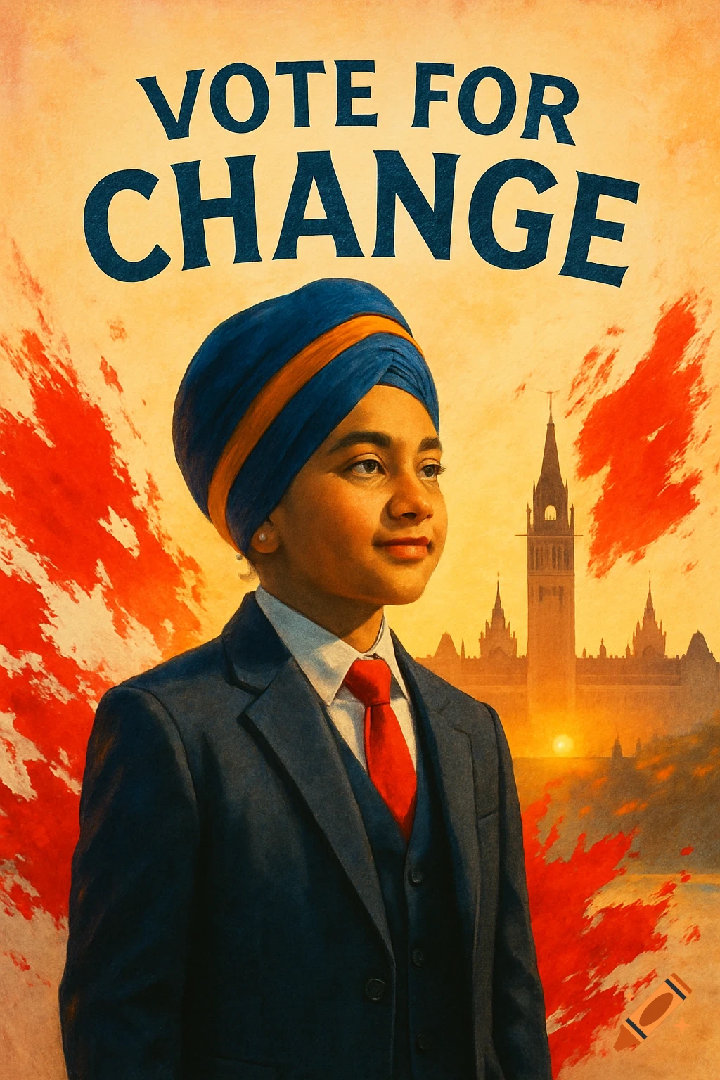 A stylized political poster featuring a Sikh boy in a suit and turban, standing before the Canadian Parliament building, with the text 'VOTE FOR CHANGE'.