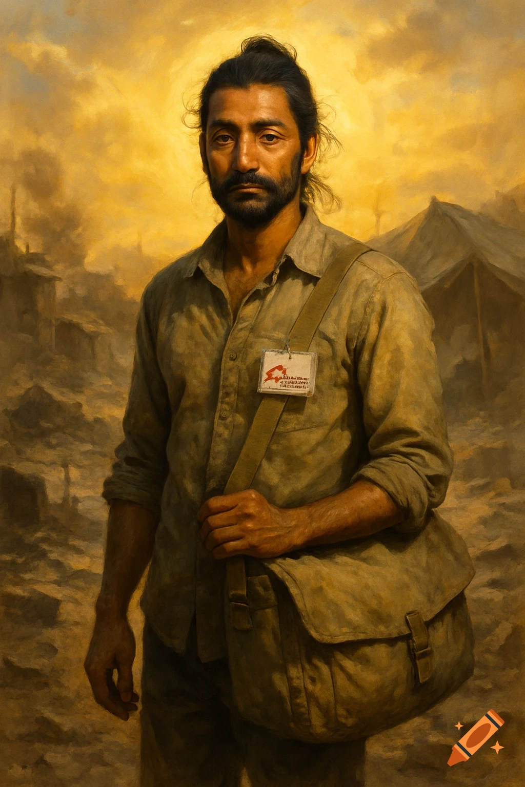 A South Asian man with long hair, beard, and a medical bag stands in a golden-hour refugee camp, painted in earthy tones.