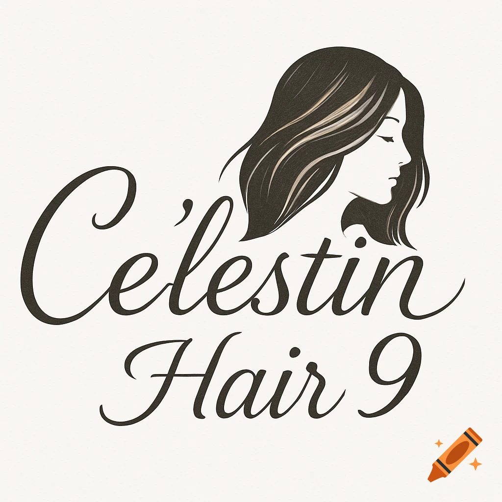 A white background logo with a dark silhouette of a woman's profile, long hair flowing, above the words 'Celestin Hair 9' in a cursive font.