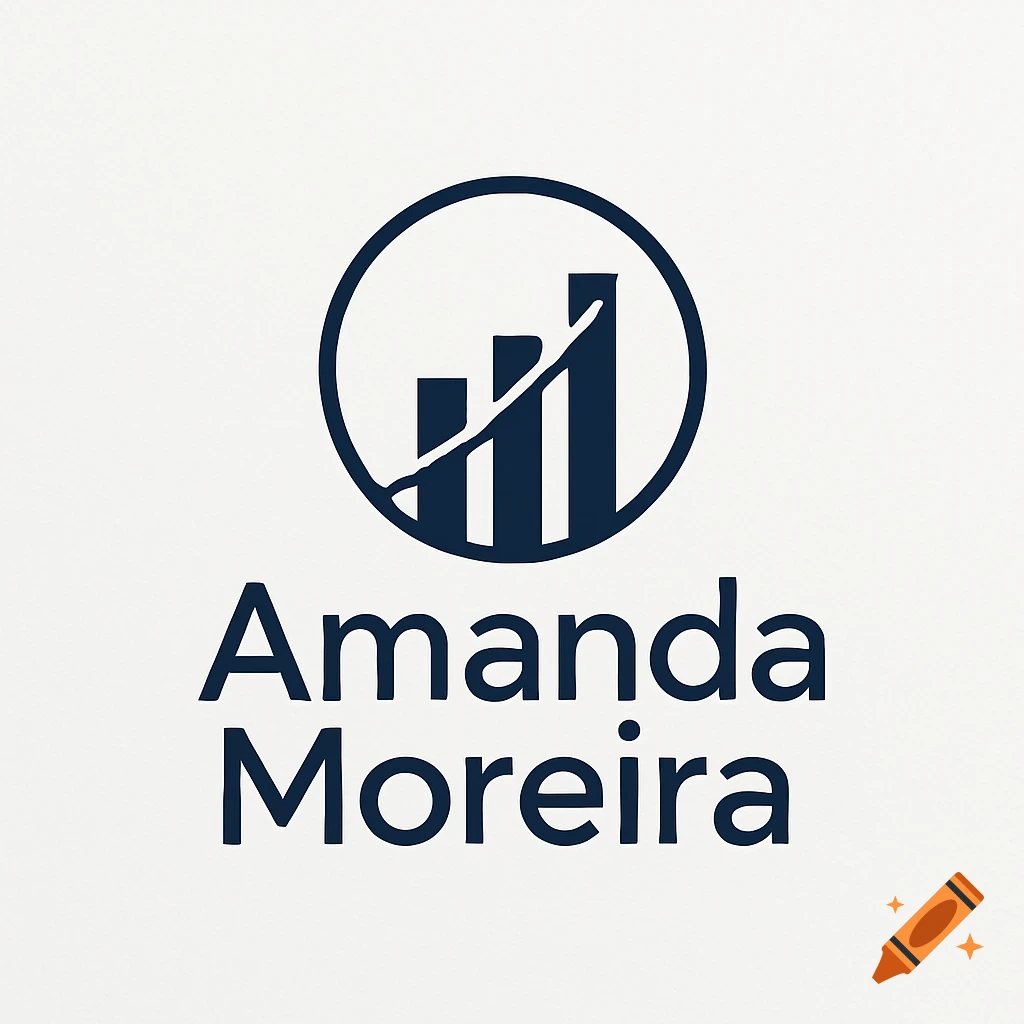 Dark blue logo on a white background with a circular icon featuring a bar chart and an upward line, with the name Amanda Moreira below it.