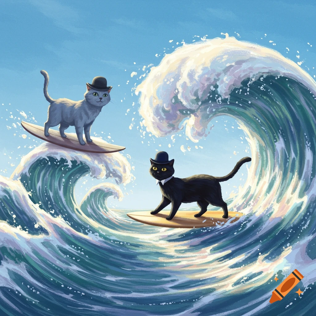 An illustration of a grey cat and a black cat, both wearing bowler hats, surfing on large ocean waves.