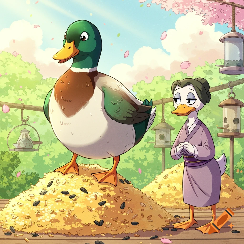 An obese anime mallard duck stands on birdseed, watched by a disappointed female duck in a kimono, outdoors with bird feeders.