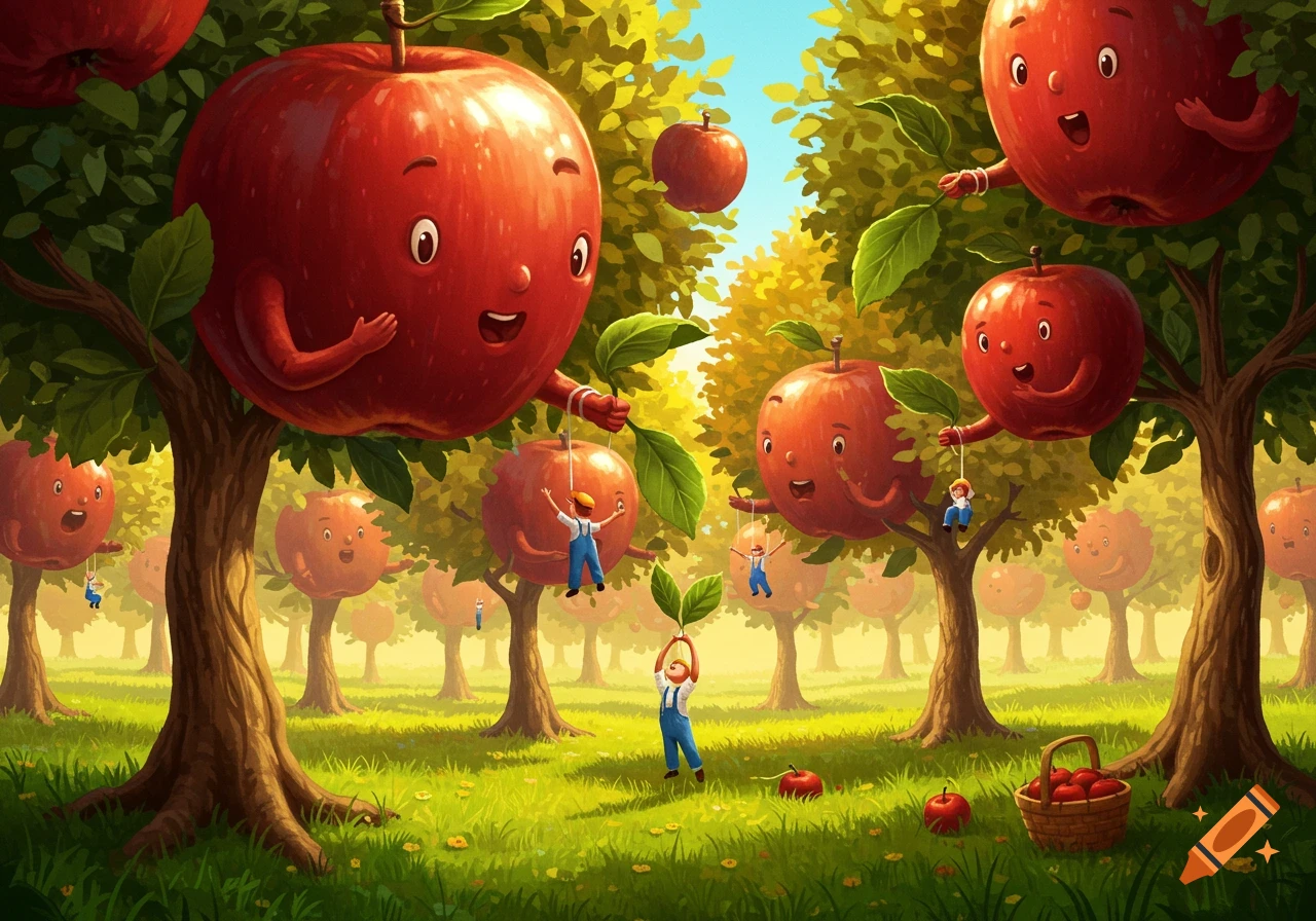 Whimsical illustration of an orchard where giant smiling anthropomorphic apples grow on trees, and tiny people swing from them.